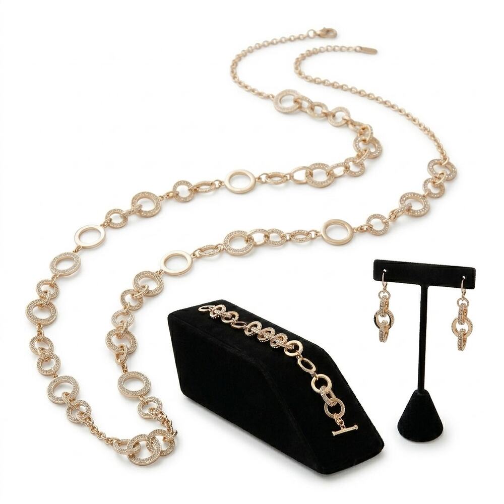 Charter Club Gold Tone Crystal Rings Station Necklace 30" Bracelet Earrings Set